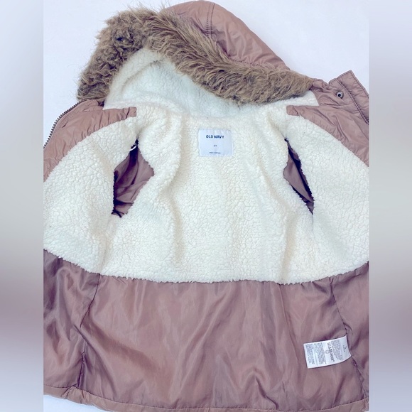 Old Navy Girls Light Pink/brown hooded Sherpa lined Puffer Jacket Size 3 Toddler - Picture 7 of 14